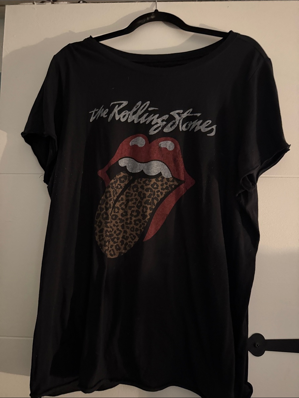 the Rolling Stones Black Tee with Red Lips and Leopard Tongue